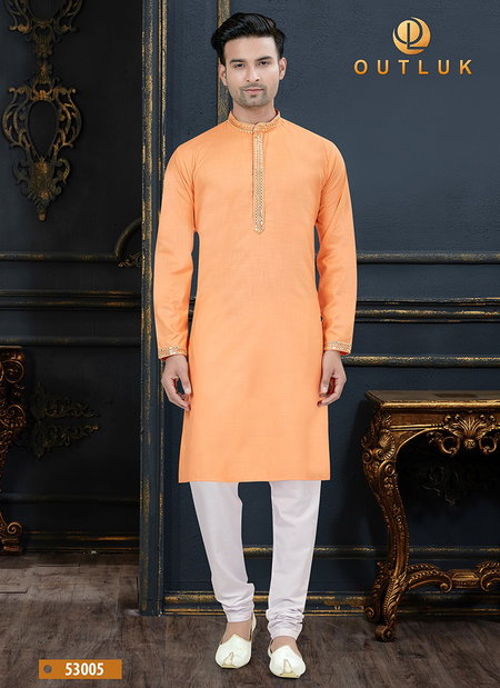Orange Colour Outluk Vol 53 New Designer Festive Wear Cotton Latest Kurta Pajama Mens Collection 53005